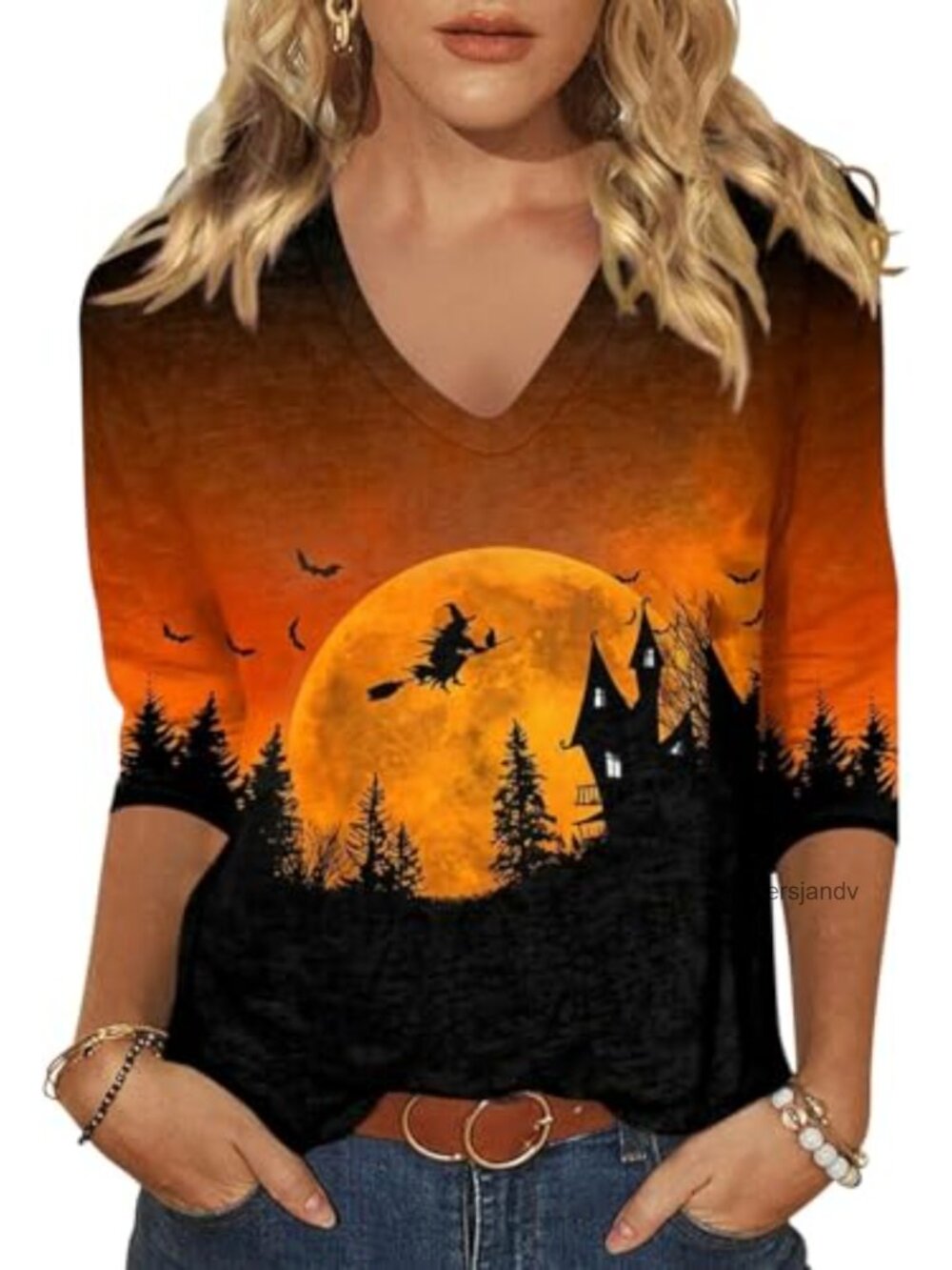 Womens 3/4 Sleeve V Neck Plaid Pumpkin Graphic T-Shirt Fall Thanksgiving Top